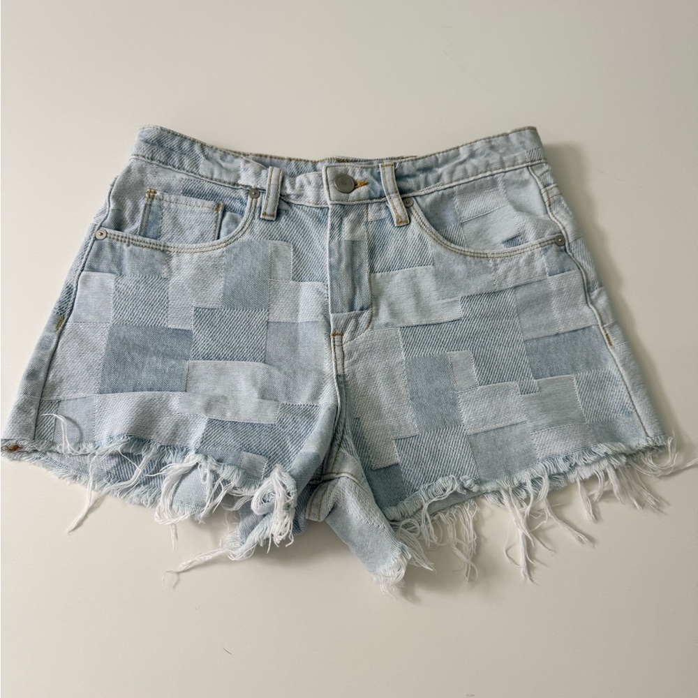 Blank NYC Barrow Patchwork Jean Shorts with Distressed Hem Size 26